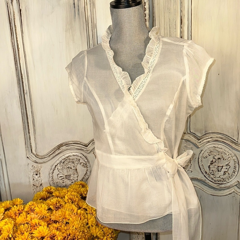 Free People Sheer Ivory Wrap Blouse with Ruffle Trim